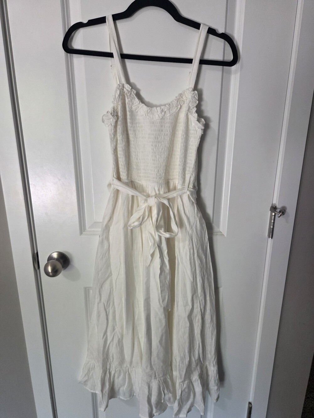 White Smocked Midi Sundress with Ruffle Trim